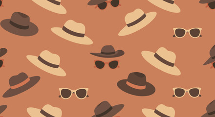 Retro Summer Pattern with Fedora Hats and Sunglasses in Earthy Tones.