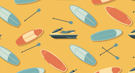 Seamless pattern of jet skis surfboards and paddles on a golden yellow background.