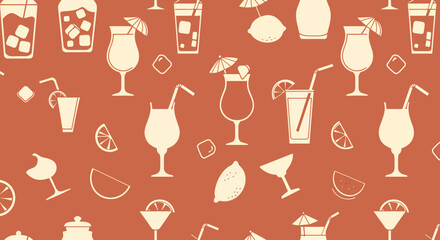 Seamless pattern of stylized cocktails lemon slices and whole lemons on terracotta background.