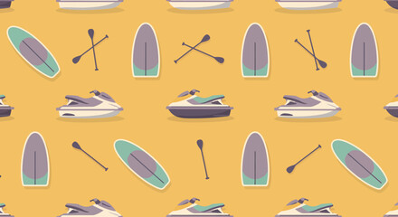 Seamless pattern of stylized jet skis paddleboards and paddles on a yellow background.