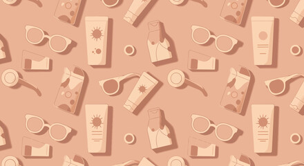 Seamless Pattern of Summer Essentials Sunglasses Sunscreen and Lotion in Warm Tones.