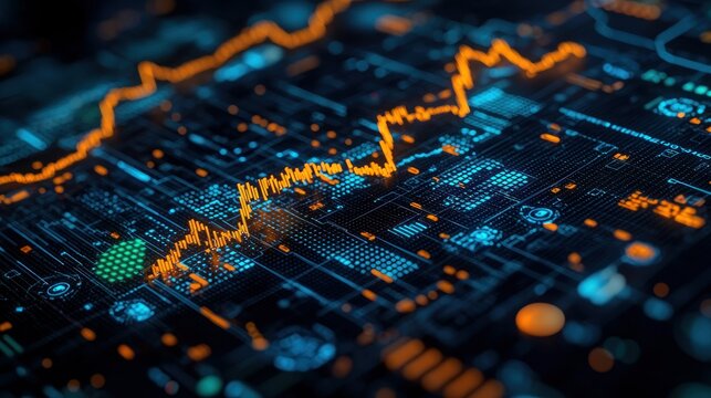 Close-up of a digital dashboard with glowing charts and data streams.  Complex circuitry and graphic indicators are visible