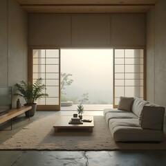 Cozy Japandi Living Room with Shoji Doors and Misty Morning View