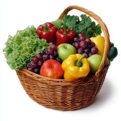 Fresh assortment of fruits and vegetables in a wicker basket isolated on white background