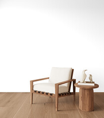 Wooden lounge chair with cushion and side table PNG mockup with transparent background and shadow, ceramic bird decor, Scandinavian accent seating for interior design projects