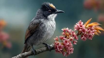 Obraz premium A small black-capped bulbul perched amid fresh spring blossoms, soft light and pastel tones. .jpg