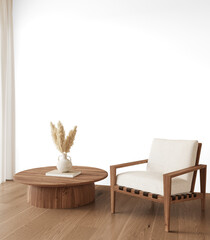Scandinavian lounge chair and coffee table PNG mockup with transparent background and shadow, pampas grass vase decor, wooden furniture, neutral minimalist living room scene