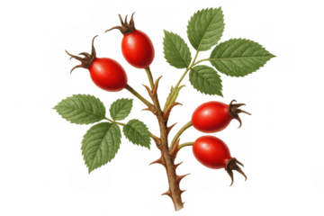 Rosehip branch with ripe red berries and green leaves, isolated on transparent background, ideal for health, nature, and autumn themes