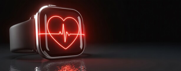 Smartwatch displaying heart rate monitor glowing red heart and pulse waveform on dark background.
