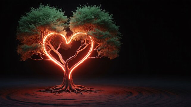 Glowing Heart Shaped Neon Light Encircles Lush Green Tree at Night