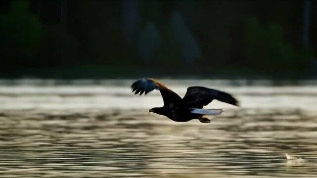 Voo incr&iacute;vel de uma &aacute;guia-careca selvagem com a luz do sol brilhando em suas asas