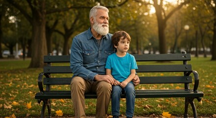 Grandfather and grandson bonding on a park bench, enjoying a peaceful moment in nature's embrace.