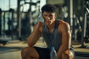 Sweaty man resting with towel after workout at gym