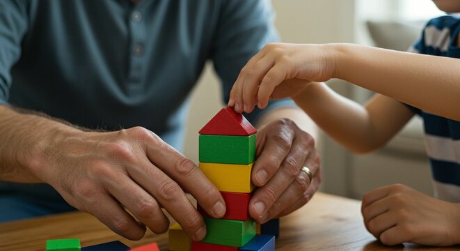 Close-up of child and adult hands stacking colorful building blocks into a small tower on a table.