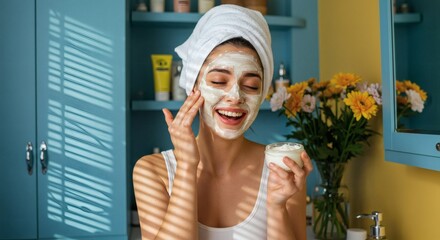 A joyful woman enjoying a self-care moment, applying a yogurt turmeric face mask in a sunlit bathroom, colorful with blue cabinets and yellow walls, surrounded by flowers and skincare products.