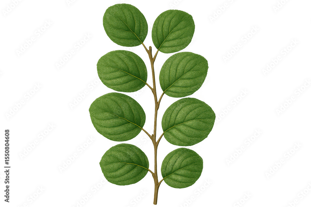 Poster green leaves extending from branching stem, transparent backdrop highlighting botanical detail for d