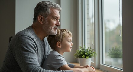 Grandfather and grandson bonding indoors, looking out the window, sharing a quiet moment together.