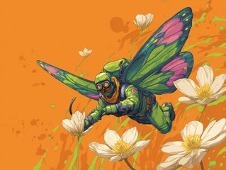 Obraz premium A stylized character with butterfly wings soaring amidst flowers.
