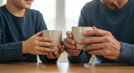 A child and older man share coffee mugs, symbolizing connection, family, and warm moments.