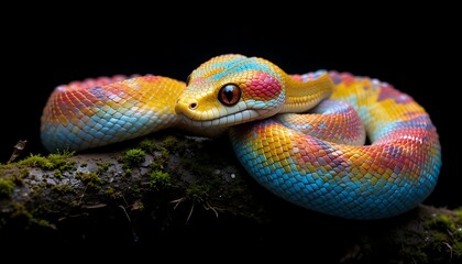 Fototapeta premium A Colorful Snake Coiled On A Branch With Moss Against A Dark Background
