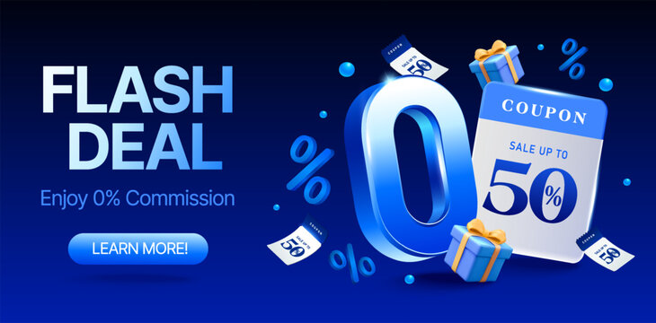 3d coupon with 0 percent icon, gift boxes and gift vouchers flying around, isolated on deep blue background. Flash deal discount banner template with zero percent in 3d vector. Vector illustration