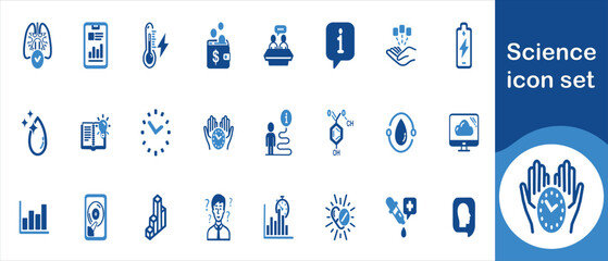 Science icon set, growth, chart, symbol, biotechnology, education, danger, lab, research, experiment, school, DNA, app, toxic, biology, test, tools and more