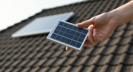 Hand holds small solar panel prototype on roof. Sustainable future on display. Innovative tech.