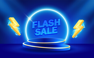 3d Flash sale banner template with lightning bolts around a stage or podium, isolated on background. 3d discount banner in vector illustration. Vector illustration