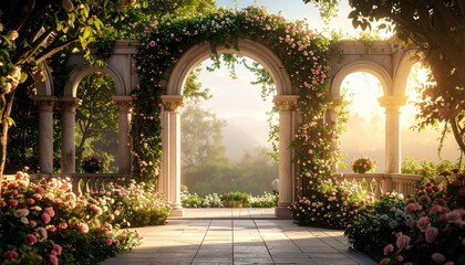 Serene floral archway enchanted garden scenic view nature morning light tranquil environment