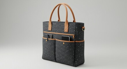 Dark tote bag with pockets and tan handles
