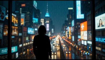The City Lights Beckon A Solitary Figure Standing In The Rain