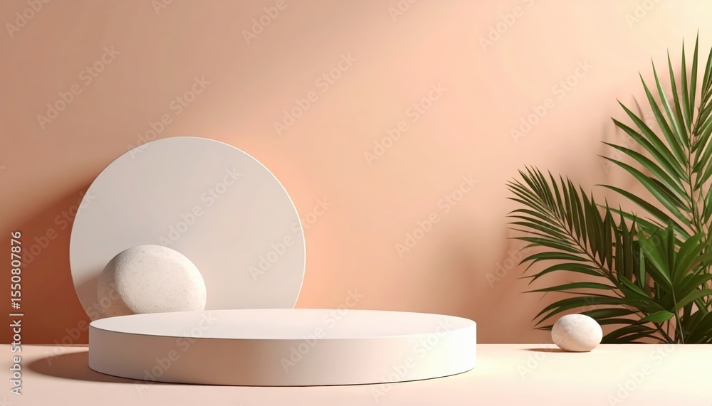 Poster minimalist design display with circular shapes and greenery indoor studio setting still life photogr