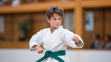 Young martial arts student with green belt practicing karate movements in dojo