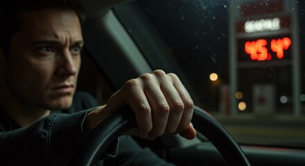 Obraz premium Night driving scene with a focused driver and a blurred gas station price sign in the background.