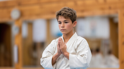 Young martial arts student practicing traditional karate pose with focused concentration