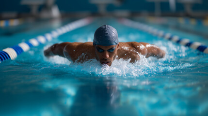 Athletic swimmer training with intense focus and determination in pool