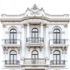 Fototapeta premium Elegant white building facade with ornate balconies and arched windows isolated on white background