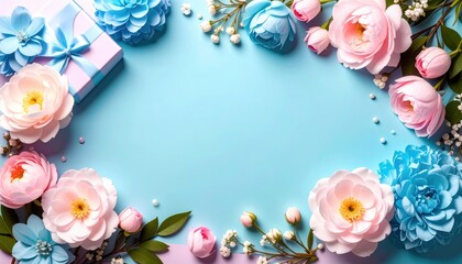 Gift presentation with colorful flowers and blue background celebratory event floral arrangement vibrant environment aerial view floral concept