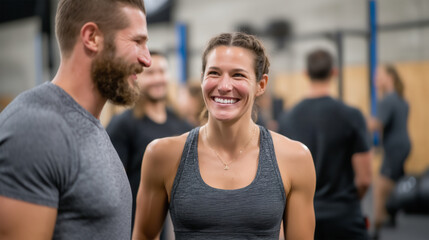 Happy woman smiling during fitness training session at modern gym