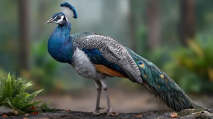 Obraz premium A stunning peacock displaying its iridescent tail feathers, each plume shimmering in the morning light. .jpg