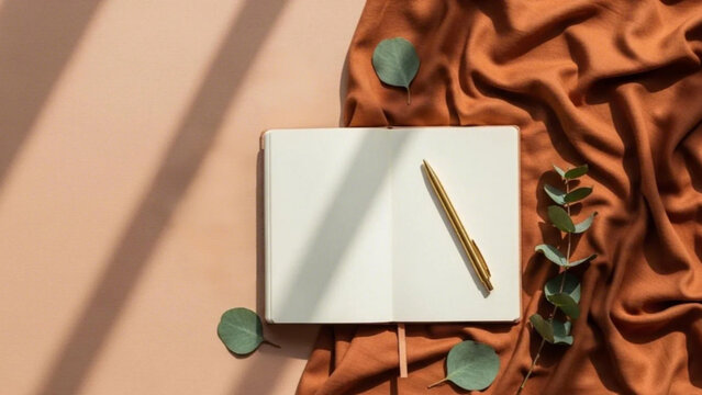 An Open Journal and Gold Pen Flat Lay with Eucalyptus &ndash; Vintage Romantic Boho Vibe Horizontal