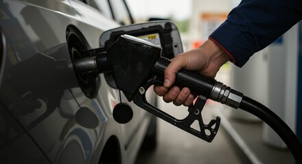 Fototapeta premium A person refueling a car at a gas station, holding the fuel pump and nozzle for filling up.