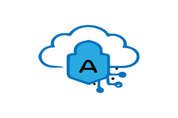 The image is an icon representing cloud security or secure cloud storage. It features a stylized blue outline of a cloud, symbolizing cloud computing.