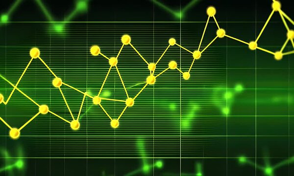 Dynamic data visualization graph with glowing yellow nodes and lines on green background