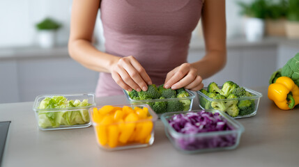 Woman hands organizing fresh broccoli and colorful vegetables in meal prep containers