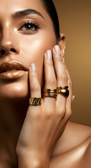 Elegant pose with hand near jawline, bold nail color and gold rings v3