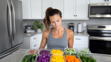 Woman preparing healthy meal prep with colorful fresh vegetables in modern kitchen setting