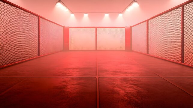 Red Octagon MMA Cage Fight Arena, Empty Competition