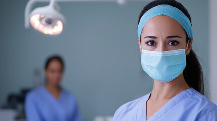 healthcare professional wearing a mask and headband looks at the camera with another medical worker blurred in the background.