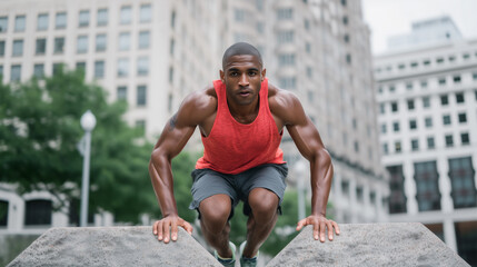 Athletic man performing bodyweight exercise in urban outdoor setting with city buildings background
